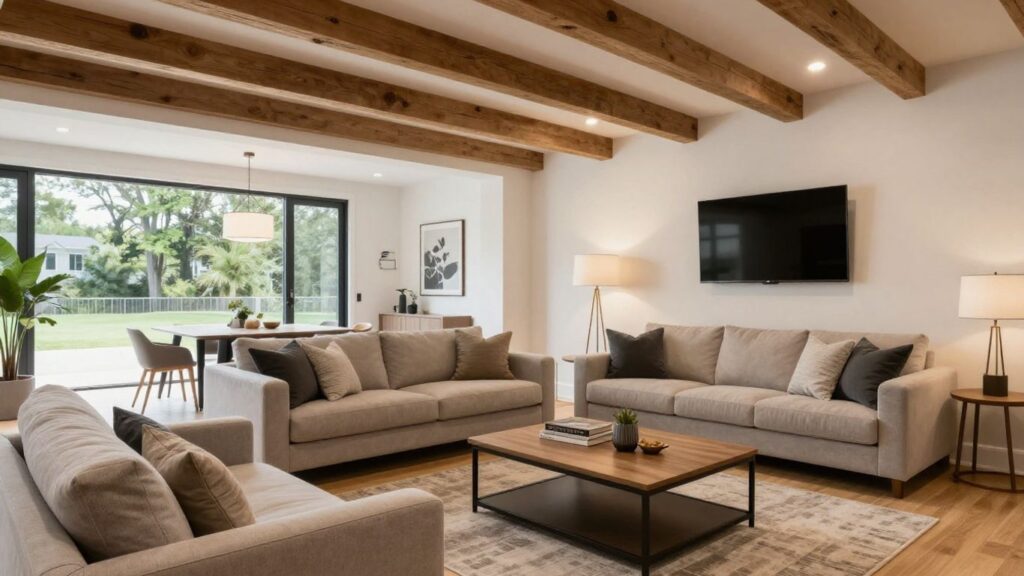 Modern finished basement living area in Berkeley Lake, Georgia.