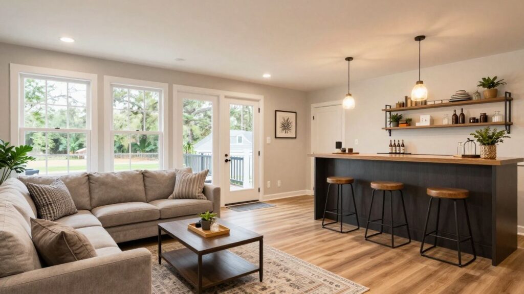 Remodeled basement living area with bar in Berkeley Lake, GA.