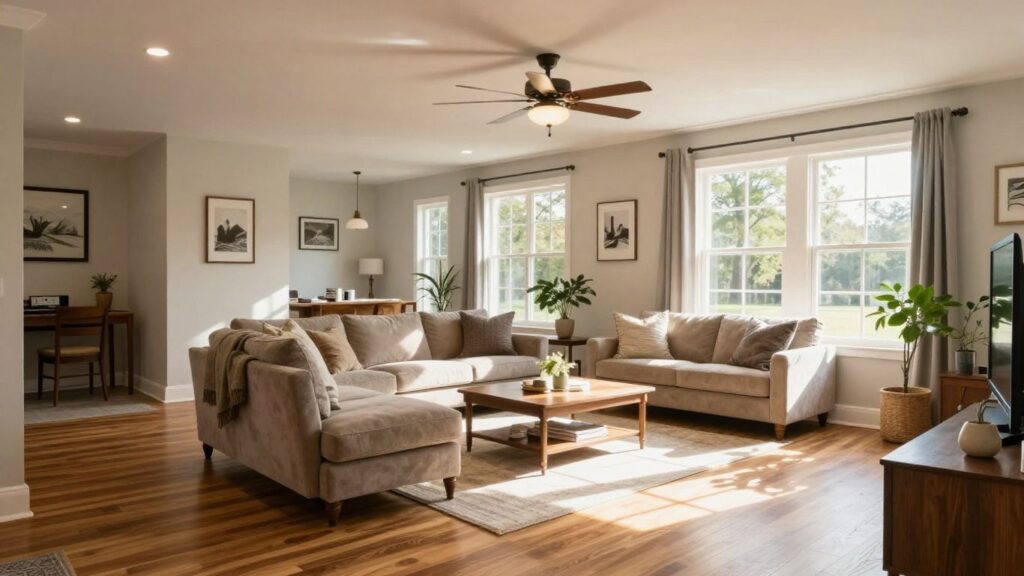 Finished basement living area with cozy seating and warm lighting.