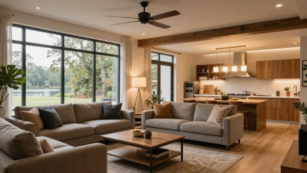 Remodeled basement living space in Berkeley Lake, Georgia.