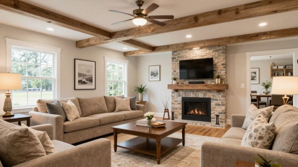 Remodeled basement living space in Berkeley Lake, Georgia.