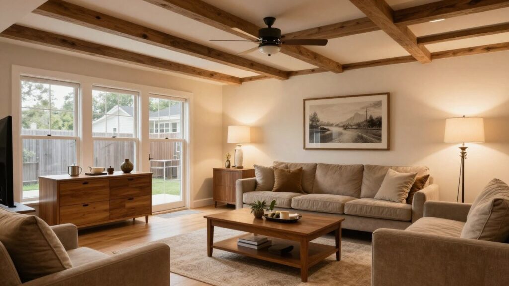 Finished basement room with warm lighting and comfortable seating.