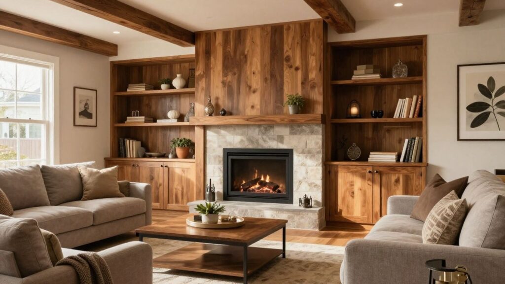 Finished basement living room with fireplace and seating.