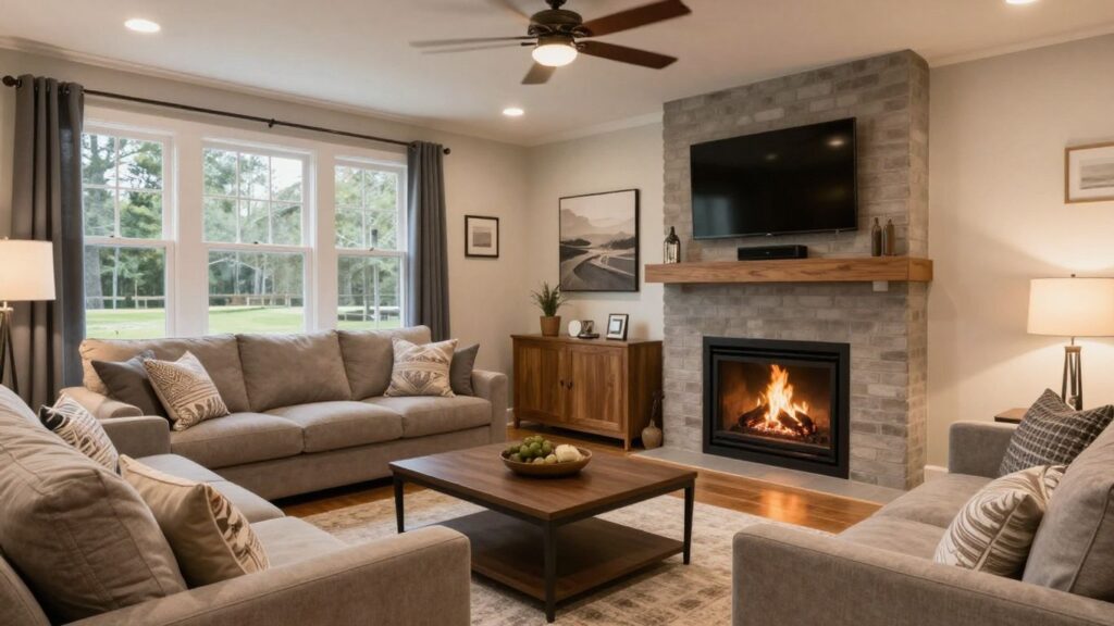 Finished basement remodel with modern living area and fireplace.