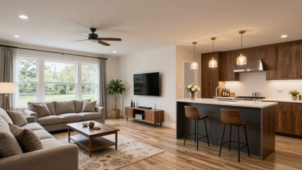 Finished basement living area with bar and entertainment.