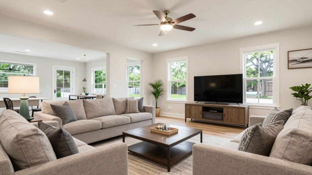 Remodeled basement living area in Berkeley Lake, Georgia.