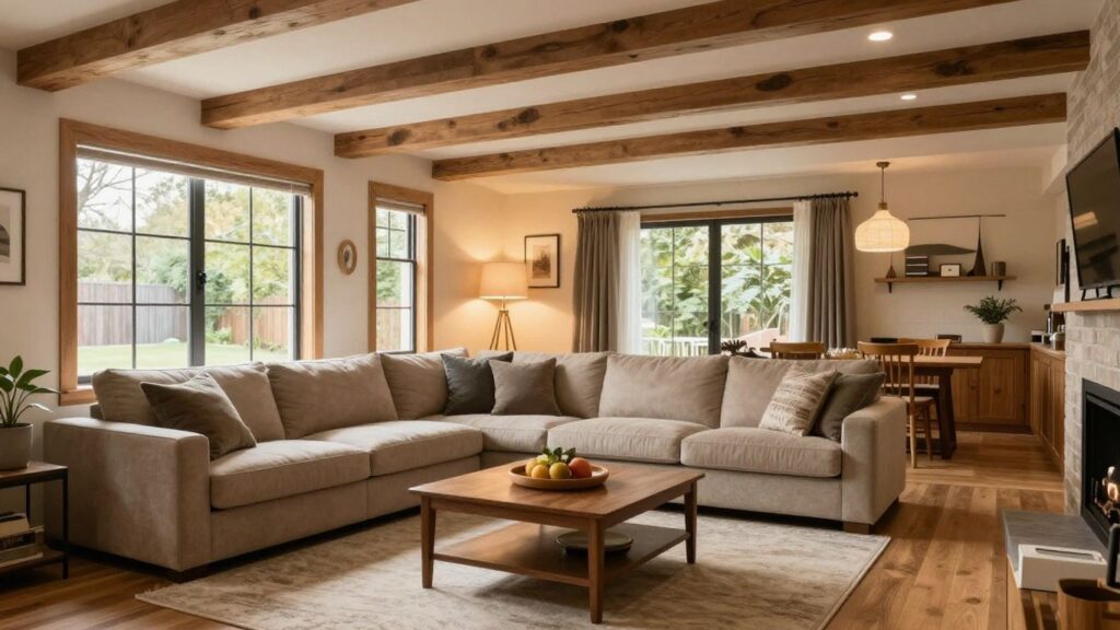 Finished basement living area with modern furniture and warm lighting.