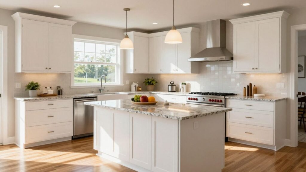 Modern kitchen renovation with island and white cabinets.
