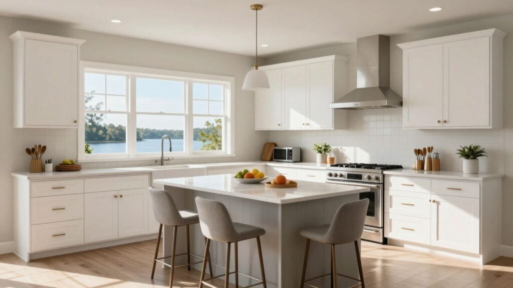 Modern kitchen redesign with island and appliances.