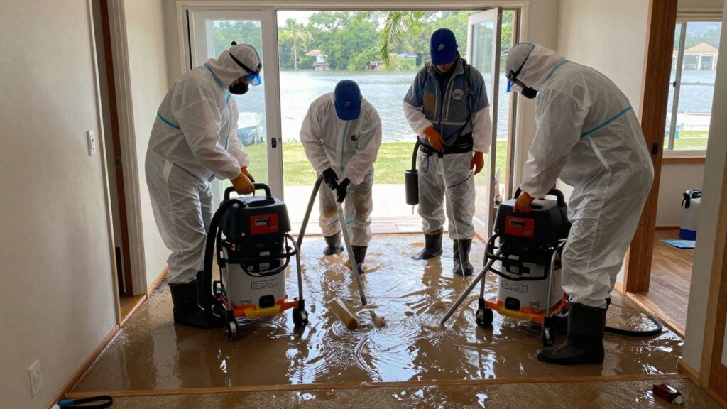 Water removal team working in a flooded Berkeley Lake home.