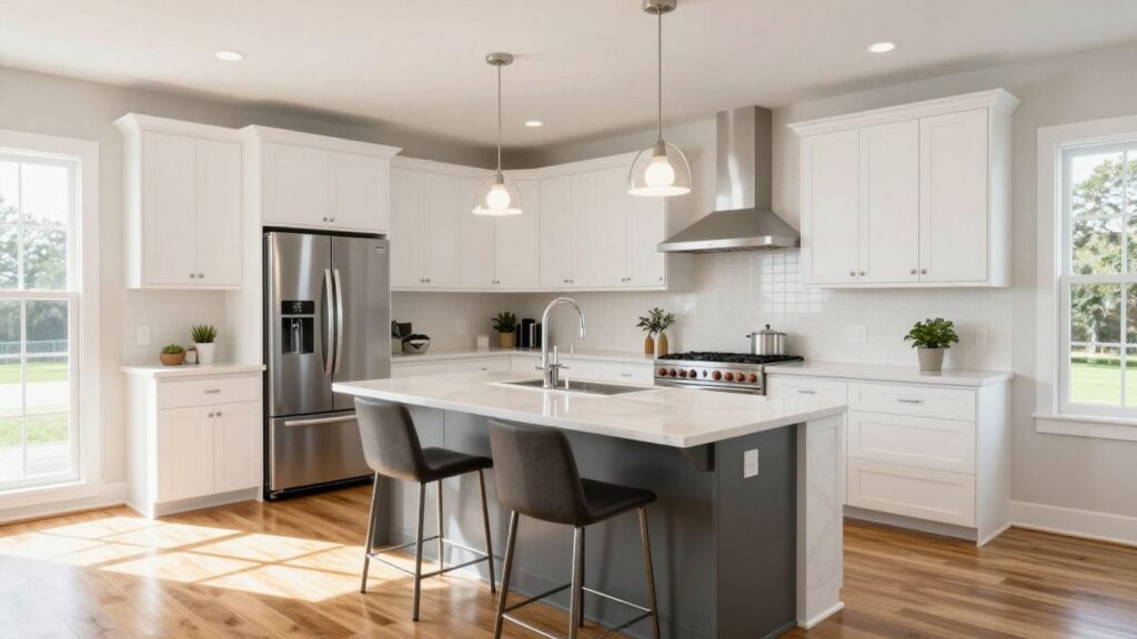Modern kitchen remodel with island and sleek cabinetry.