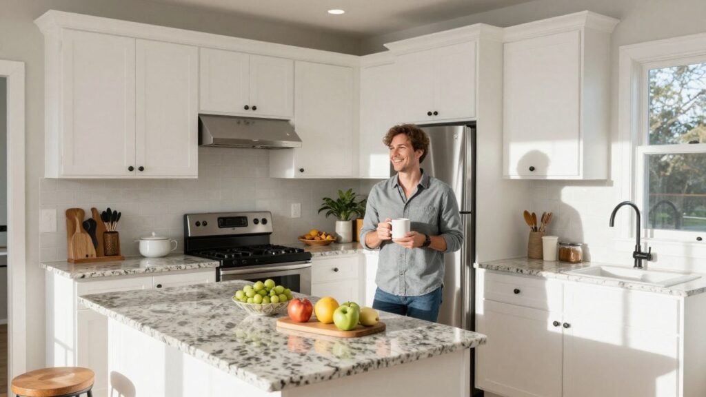 Remodeled kitchen in a Georgia home with sunlight.