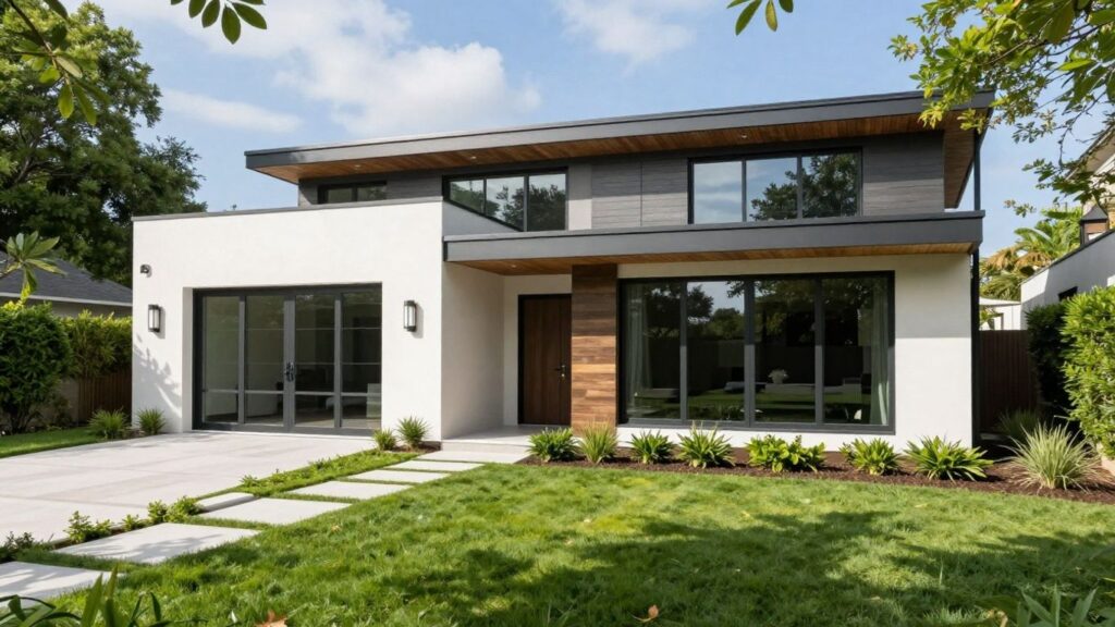 Modern renovated home exterior with lush landscaping.