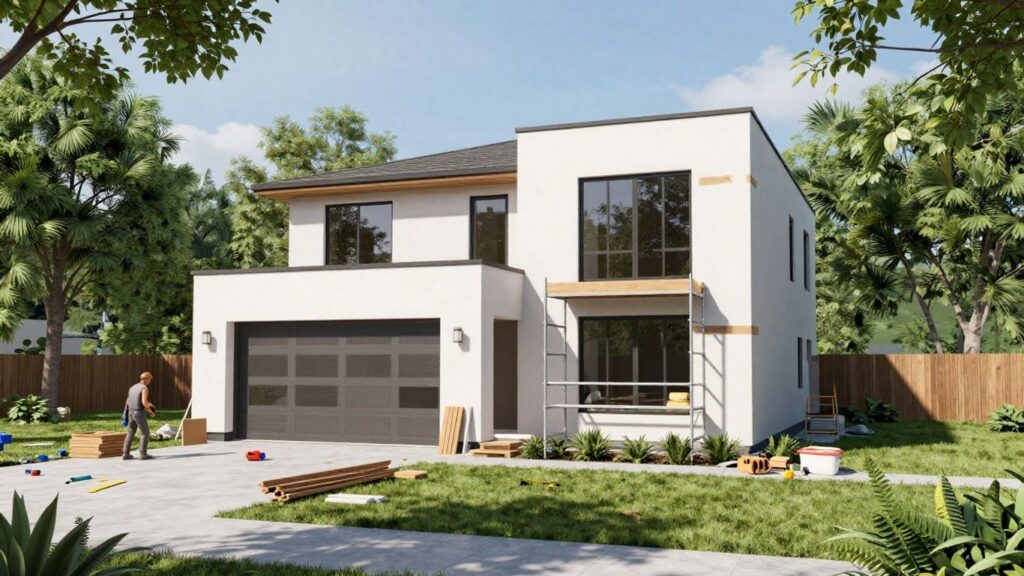 Home renovation with workers and construction materials visible.