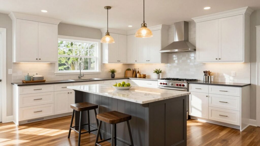 Modern Berkeley Lake kitchen remodel with island and new appliances.