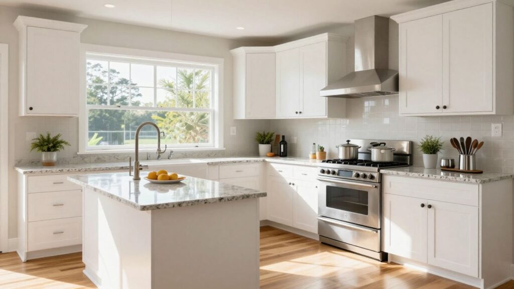 Modern kitchen renovation with white cabinets and granite countertops.