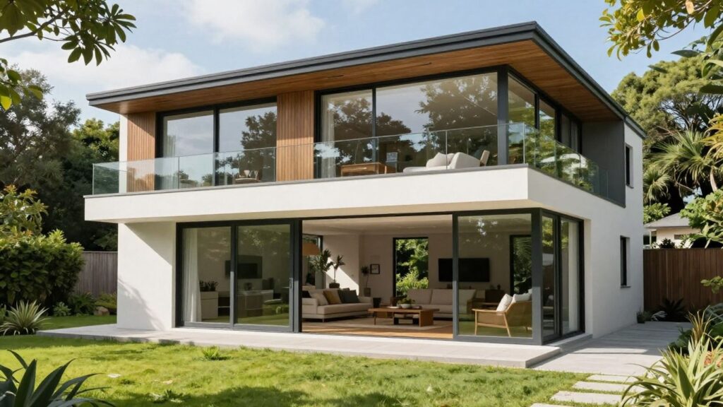 Modern home addition with large windows and green backyard.