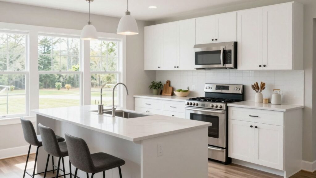 Modern kitchen remodel with white cabinets and stainless steel appliances.