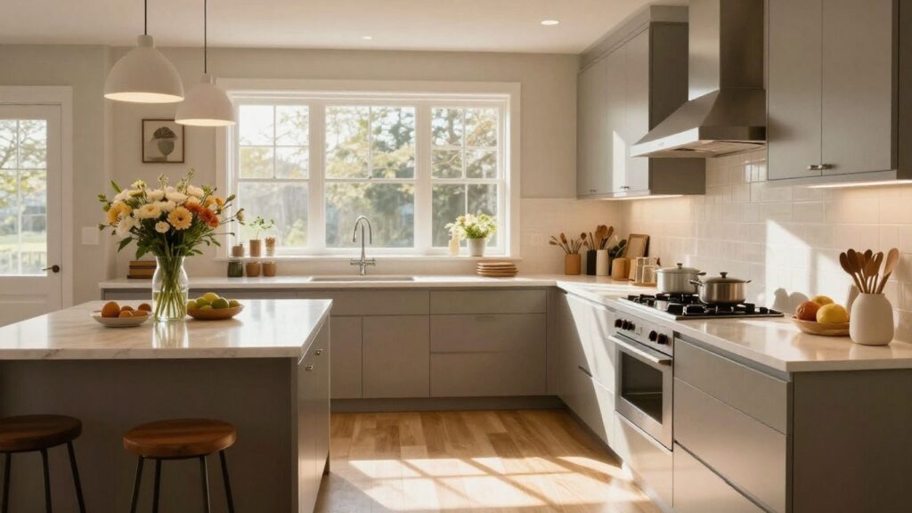 Modern renovated kitchen with island and natural light.