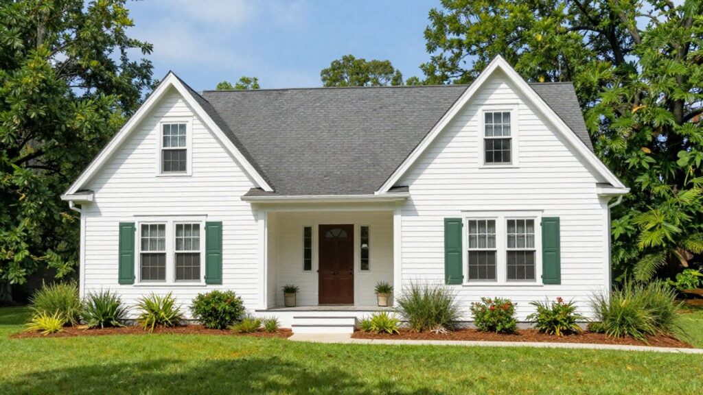 Exterior of a freshly painted house in Berkeley Lake, Georgia.