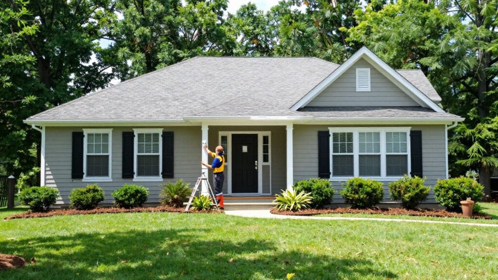 House painter working on a home in Berkeley Lake, Georgia.